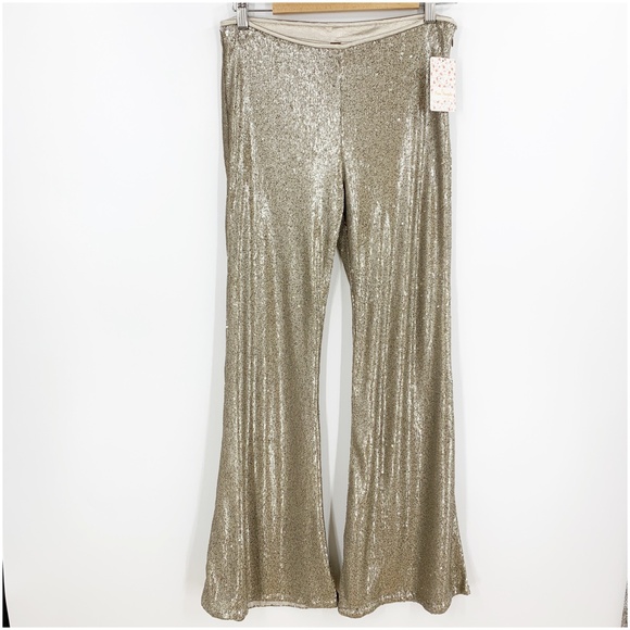 Free People The Minx Sequin Flare Pants in Champagne Sz 6 - Picture 2 of 12